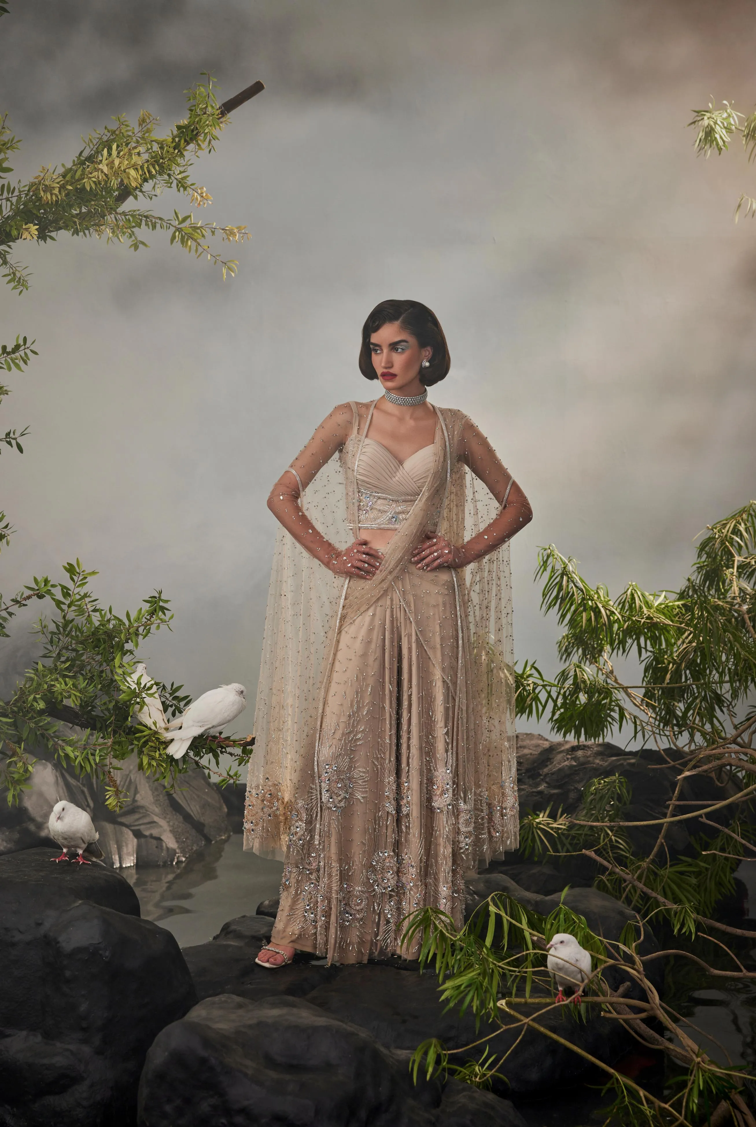 Champagne sharara sari with pleated blouse and cape