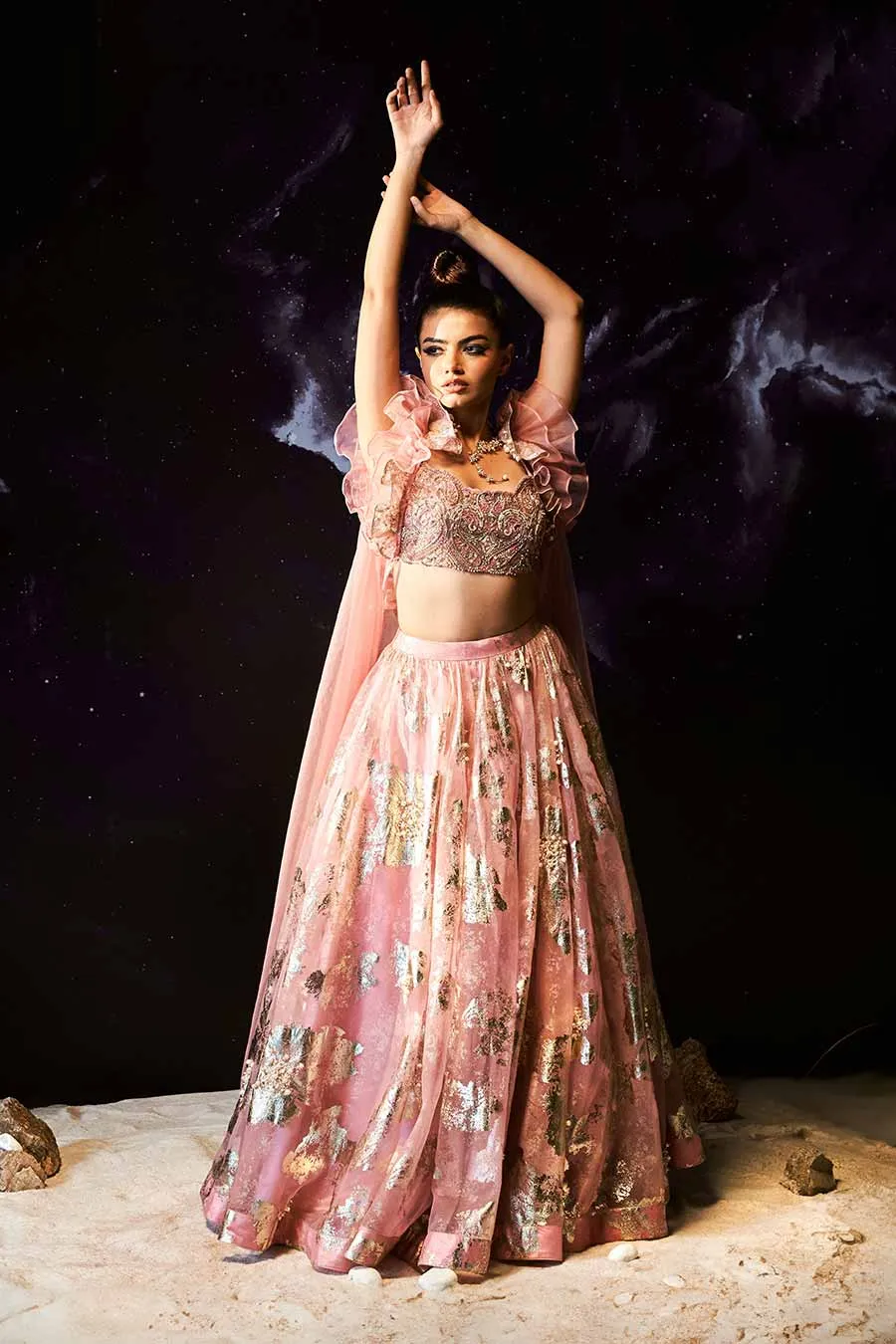 Charm Pink Foil Print Hand-Embroidered Blouse, Lehenga & Cape Set