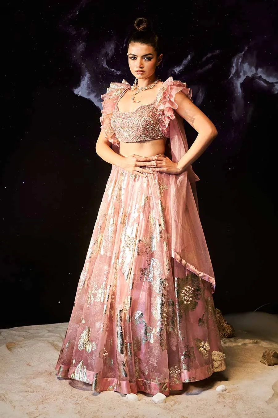 Charm Pink Foil Print Hand-Embroidered Blouse, Lehenga & Cape Set