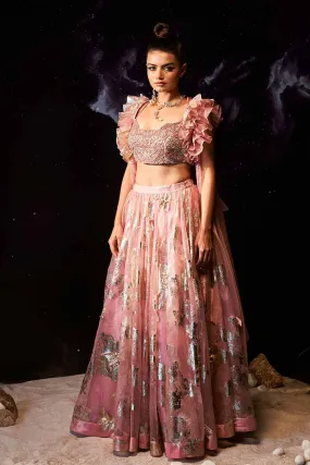 Charm Pink Foil Print Hand-Embroidered Blouse, Lehenga & Cape Set