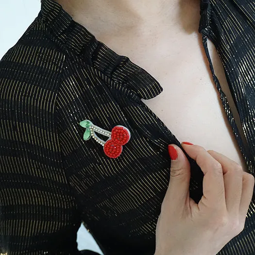 Cherry - Embroidered Rhine Stone Red Brooch