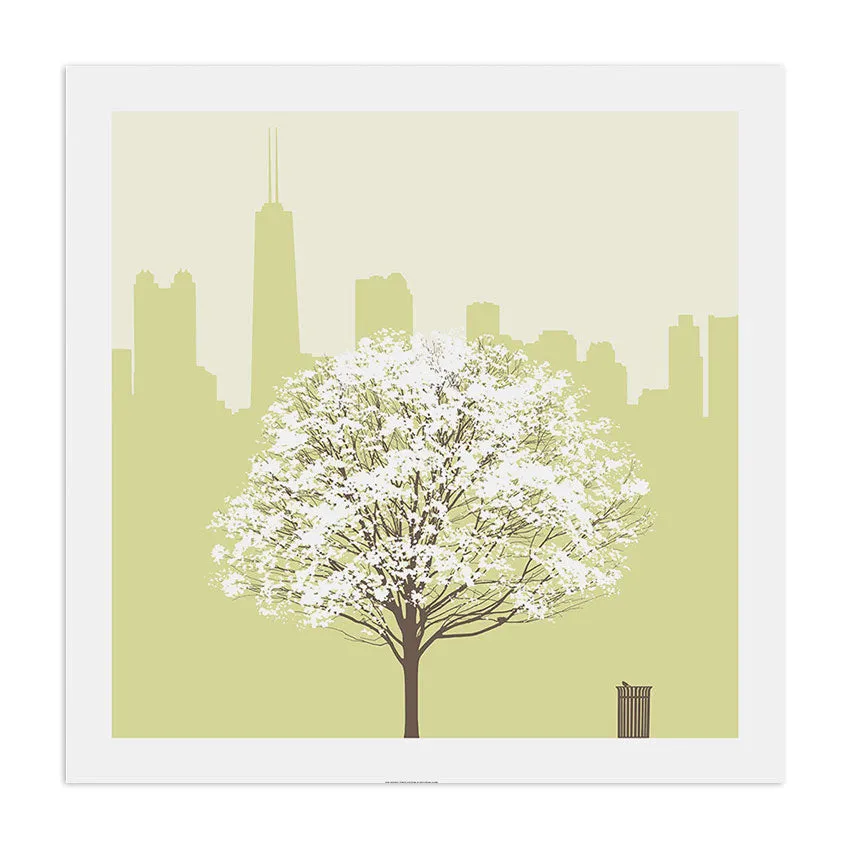 Chicago Skyline with Seasonal Tree 12.5" x 12.5" Archival Print