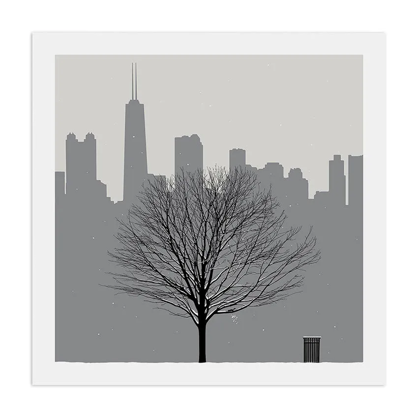 Chicago Skyline with Seasonal Tree 12.5" x 12.5" Archival Print