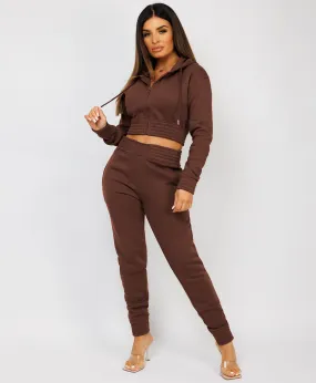 Chocolate Brown Zipped Cropped Hooded Tracksuit Loungewear Set