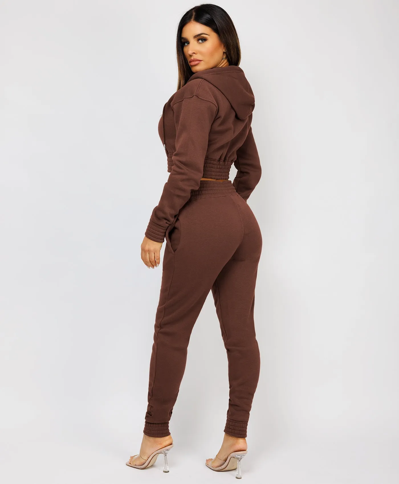 Chocolate Brown Zipped Cropped Hooded Tracksuit Loungewear Set