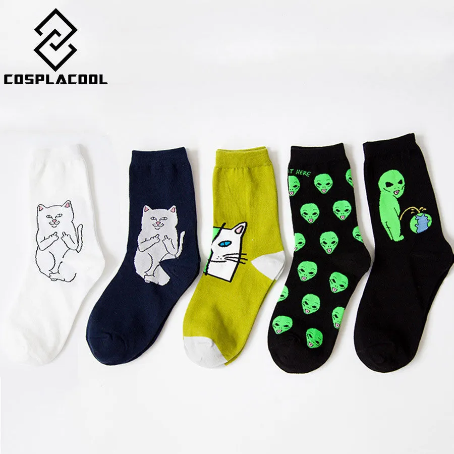 COSPLACOOL Elegant Creative Harajuku Casual Cartoon Hip Hop Cat Cotton Women Skateboard Socks Art Socks Funny Alien Planet Socks