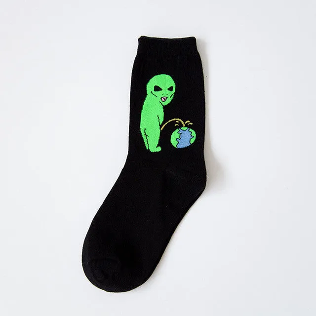 COSPLACOOL Elegant Creative Harajuku Casual Cartoon Hip Hop Cat Cotton Women Skateboard Socks Art Socks Funny Alien Planet Socks