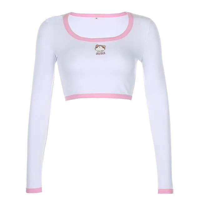 Cute Cartoon Embroidery Fitness Crop Top Korean Style Square Collar Long Sleeve