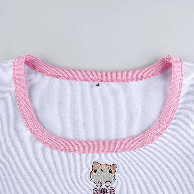 Cute Cartoon Embroidery Fitness Crop Top Korean Style Square Collar Long Sleeve