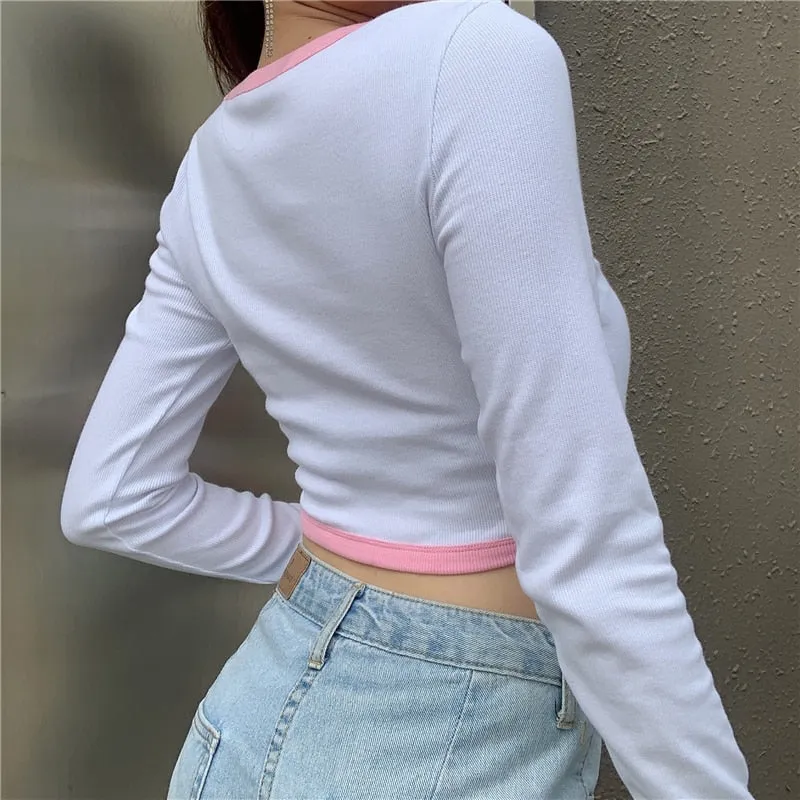 Cute Cartoon Embroidery Fitness Crop Top Korean Style Square Collar Long Sleeve