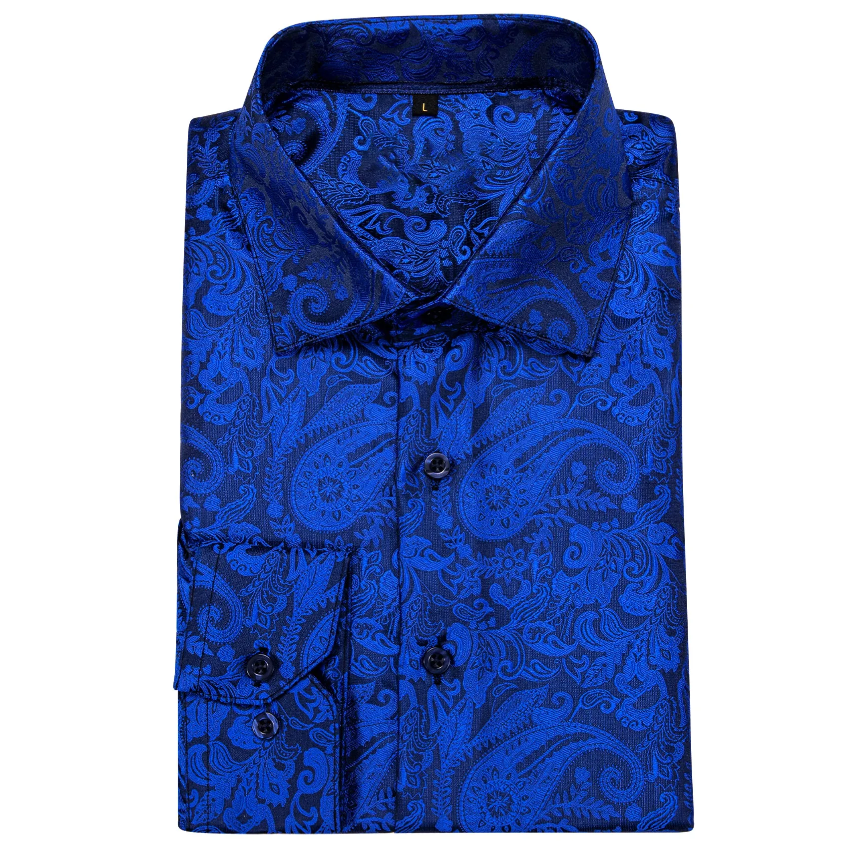 Dark Blue Paisley Style Silk Men's Long Sleeve Shirt