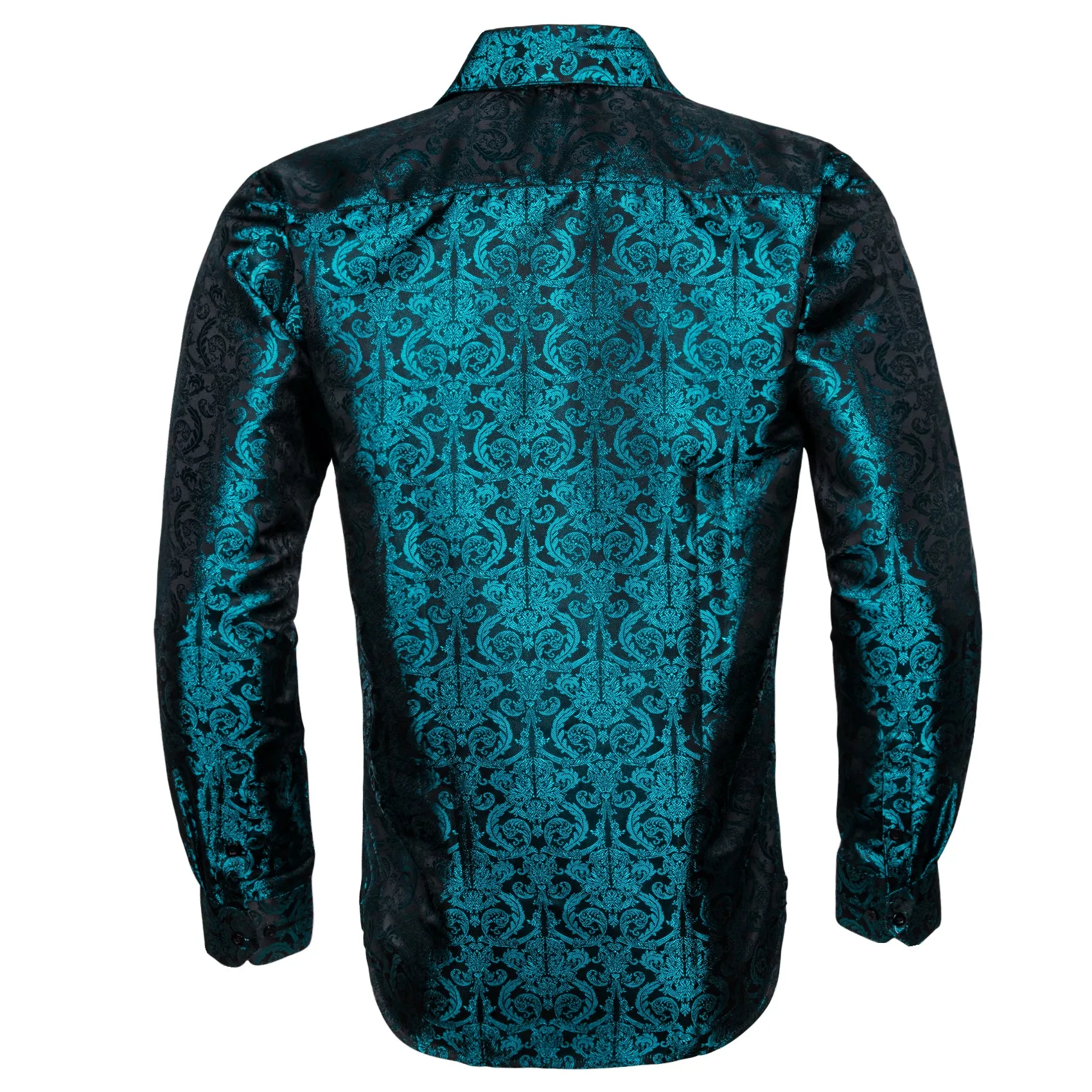 Dark Lake Blue Floral Pattern Silk Men's Long Sleeve Shirt