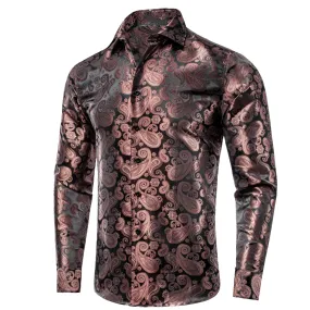 Dark Pink Paisley Pattern Silk Men's Long Sleeve Shirt