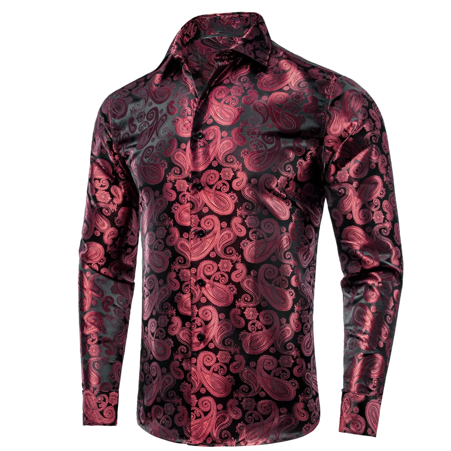 Dark Red Paisley Pattern Silk Men's Long Sleeve Shirt