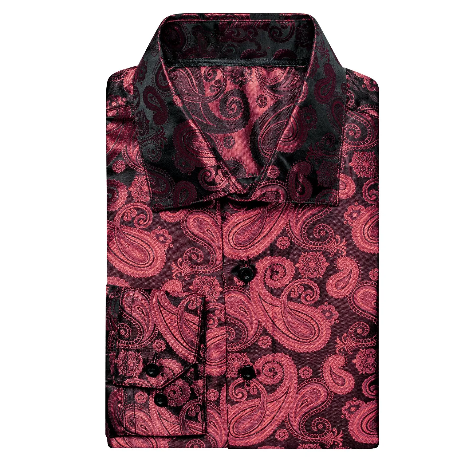 Dark Red Paisley Pattern Silk Men's Long Sleeve Shirt