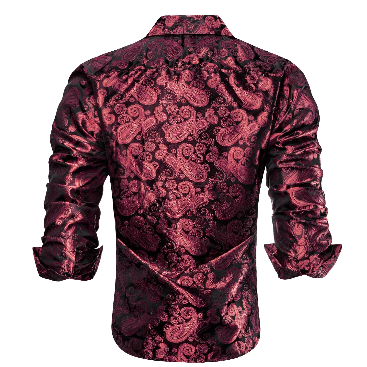 Dark Red Paisley Pattern Silk Men's Long Sleeve Shirt