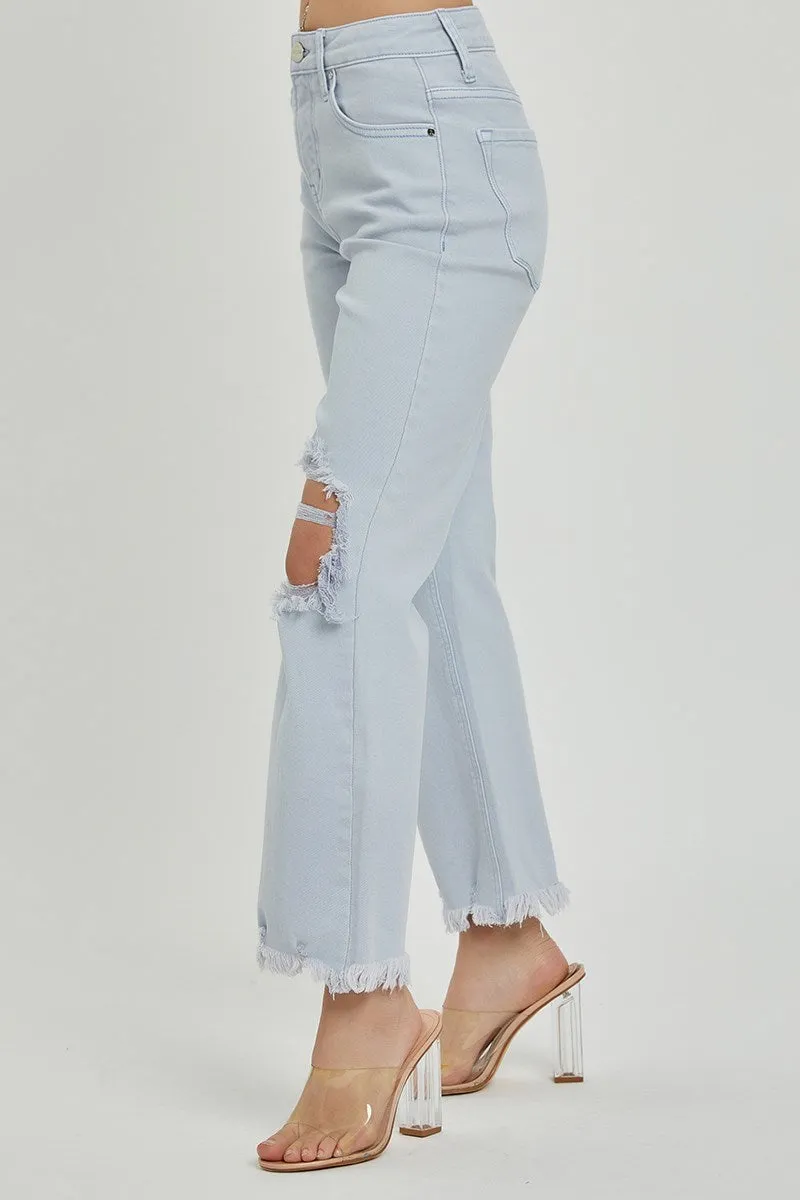 Distressed Straight Leg Ice Blue Jeans