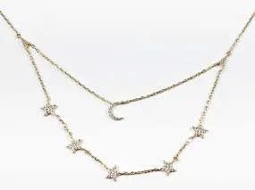 Elegant Dainty Moon & Star Charms Layered Delicate Gold Tone Silver Necklace