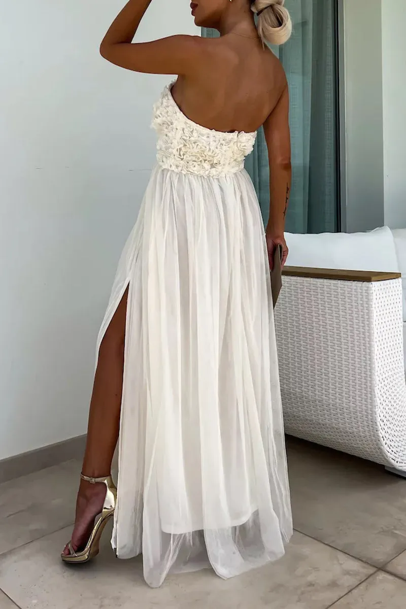 Elegant Solid Flowers Slit Mesh Strapless Sleeveless Dresses