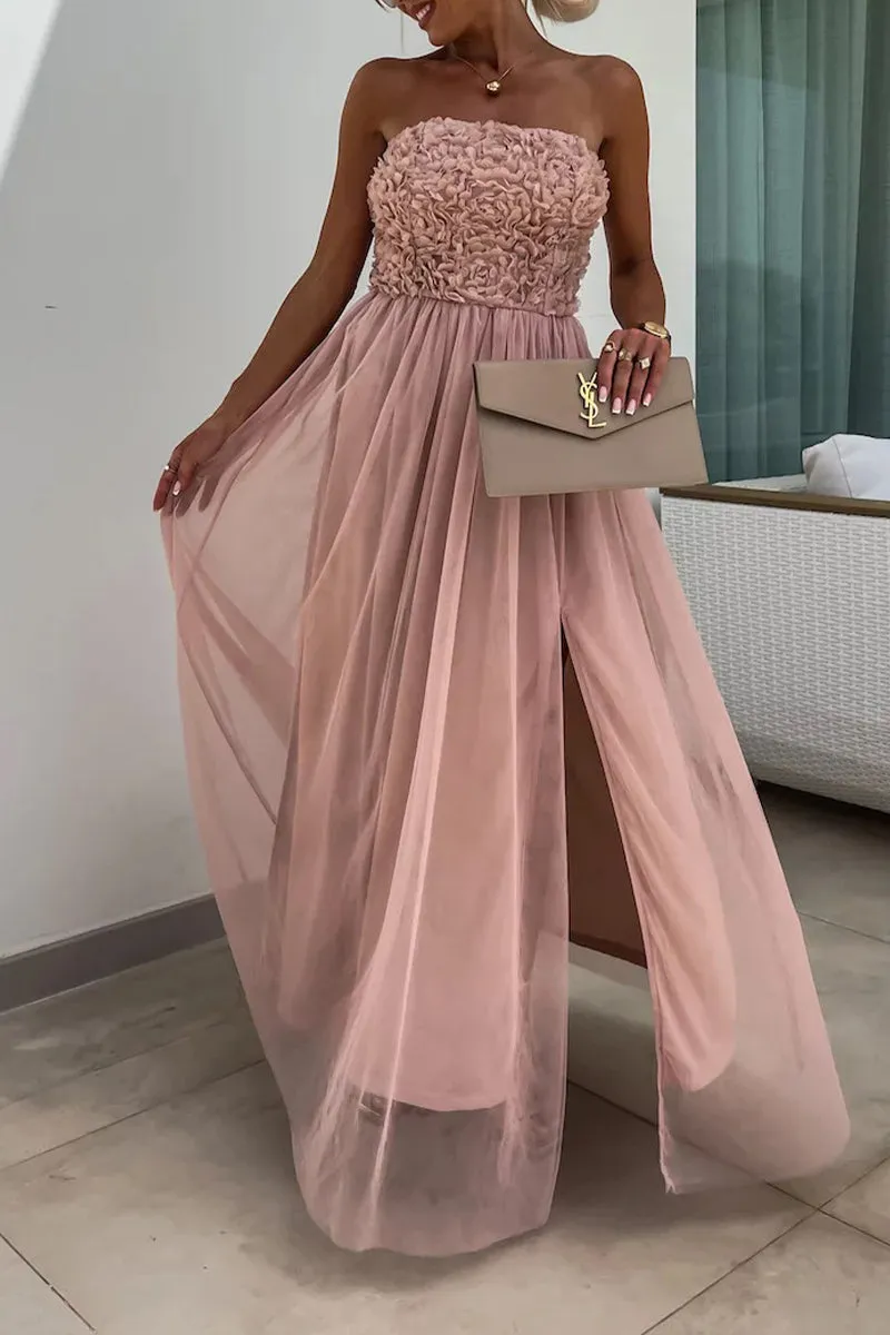 Elegant Solid Flowers Slit Mesh Strapless Sleeveless Dresses