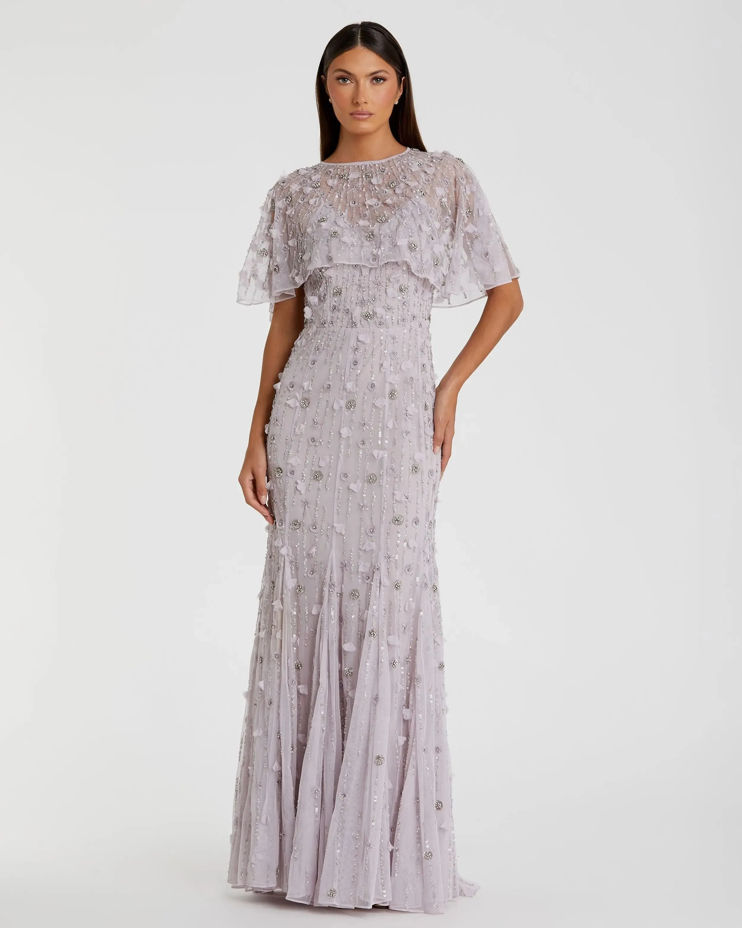 Embellished Illusion Cape Sleeve Trumpet Gown