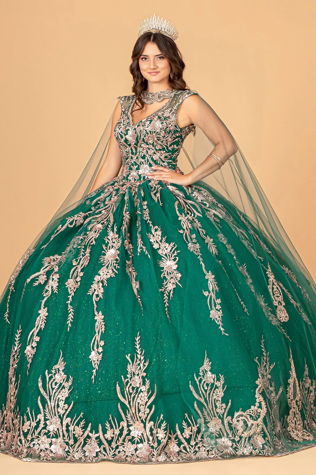 Embroidered Cape Ball Gown by Elizabeth K GL3076