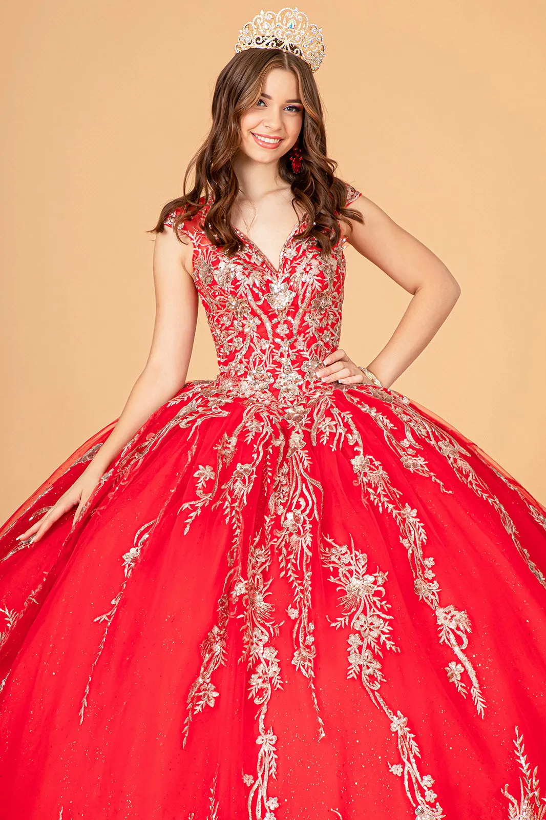 Embroidered Cape Ball Gown by Elizabeth K GL3076