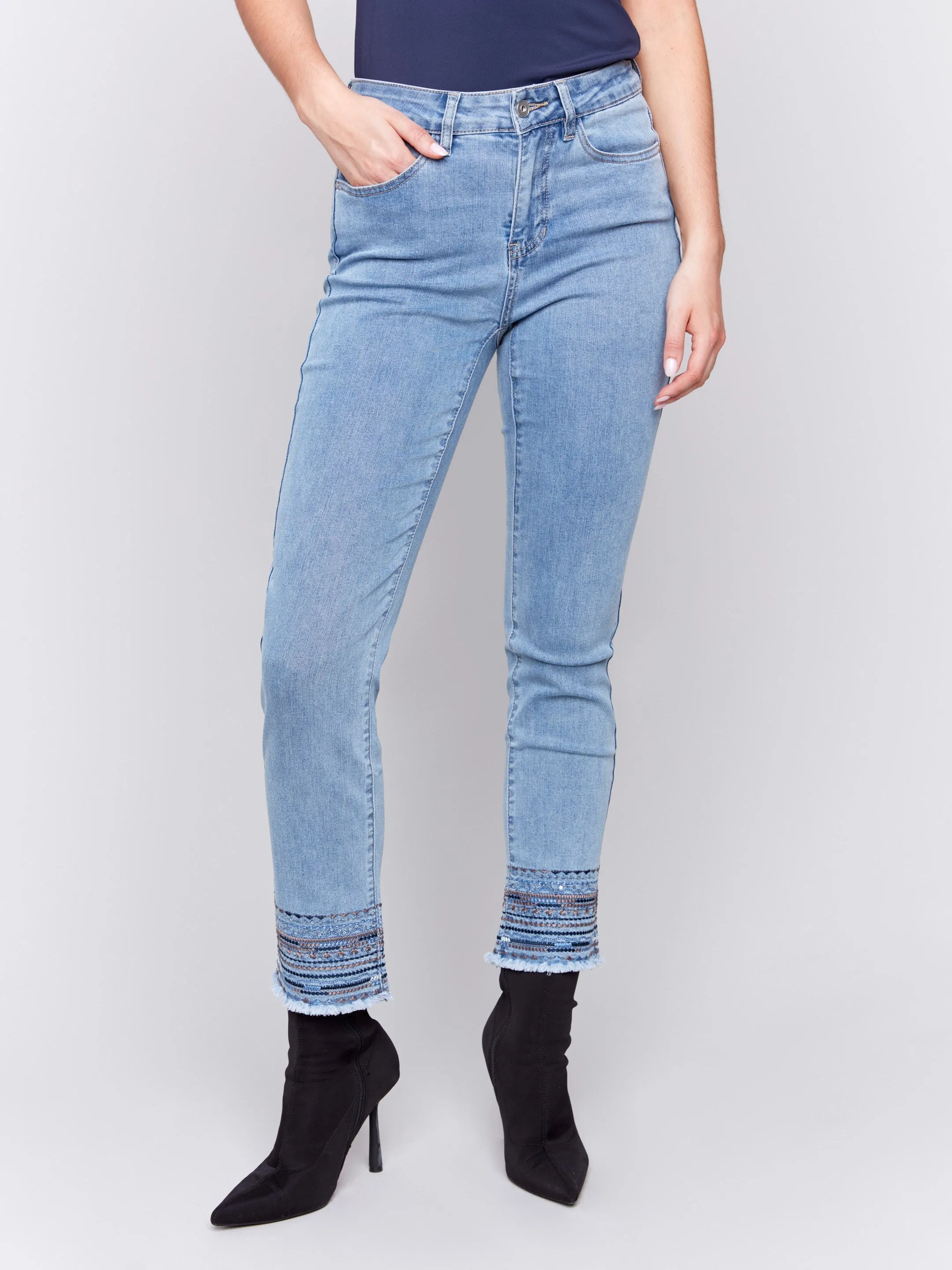 Embroidered Hem Jeans - Light Blue