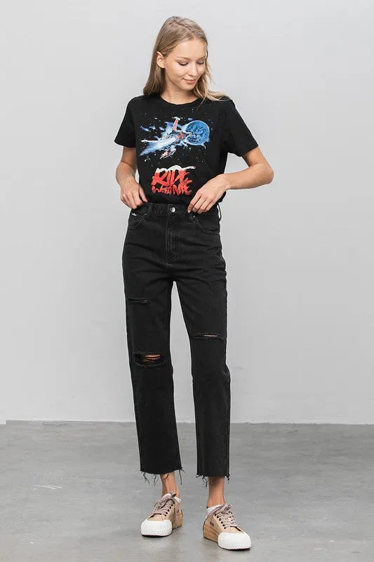 Erika High Waist Ripped Raw Hem Crop Straight Jeans