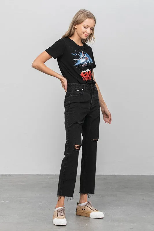 Erika High Waist Ripped Raw Hem Crop Straight Jeans