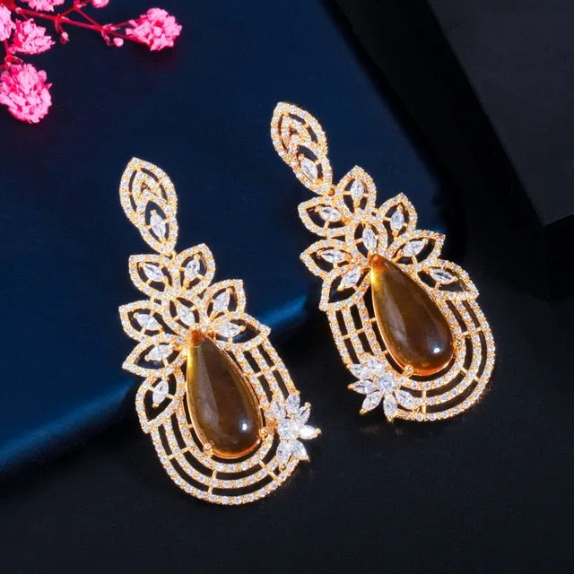 Exquisite Leaf Drop Dangle Cubic Zirconia Gold Color Luxury Earrings