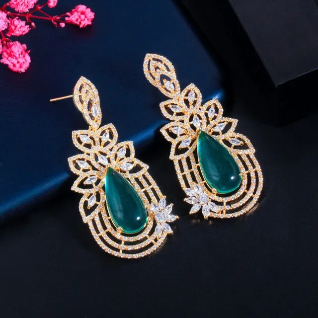 Exquisite Leaf Drop Dangle Cubic Zirconia Gold Color Luxury Earrings