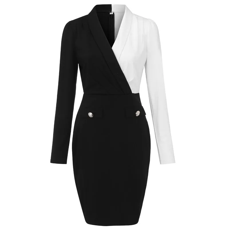 Fashion business commuter black and white stitching professional bodycon dress