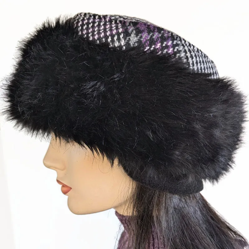 Faux Fur and Wool Fashion Pillbox Beanie Toque Hat, purple plaid wool, with earflaps