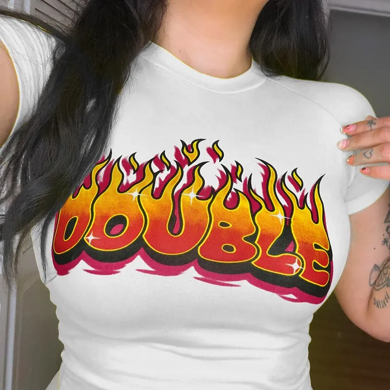 Flaming Fire Letter Print Short Sleeve Crop Top Tees