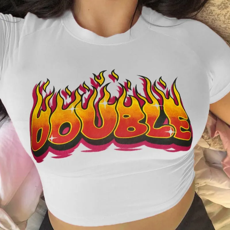 Flaming Fire Letter Print Short Sleeve Crop Top Tees