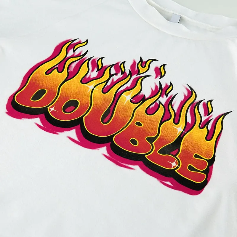 Flaming Fire Letter Print Short Sleeve Crop Top Tees