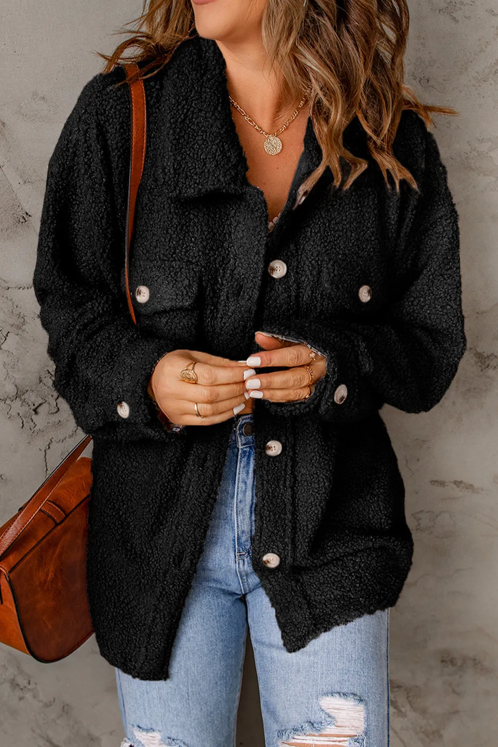 Flap Pockets Button Front Teddy Coat