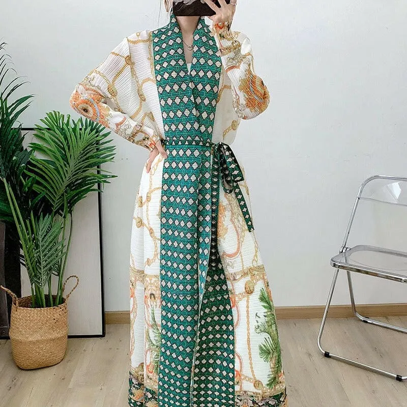 Flowy Green Polka Dot and Floral Printed Arab Robe Coat Jacket Cape