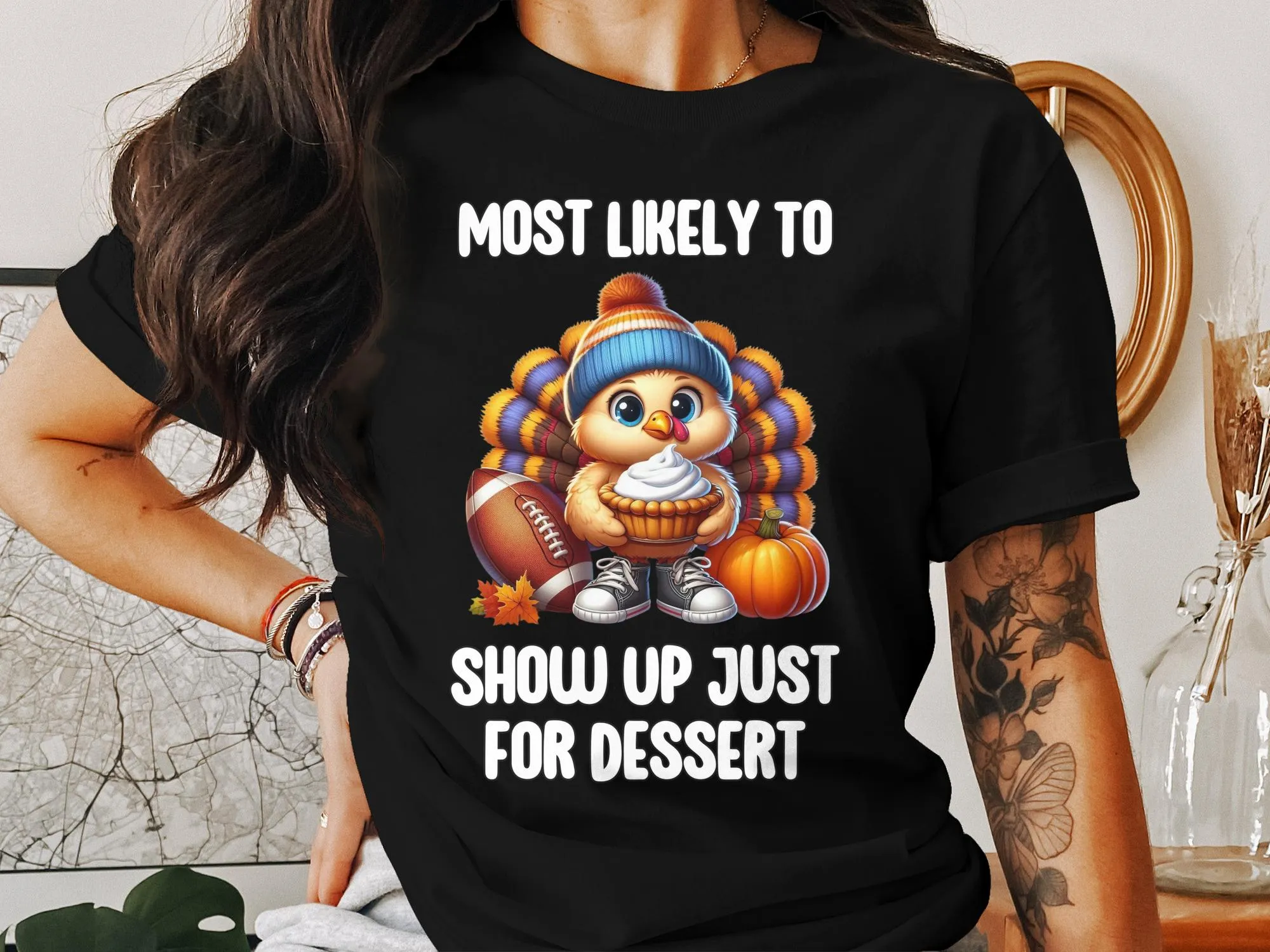 Funny Thanksgiving Turkey Dessert Lover T-Shirt, Cute Holiday Pie and Football Design, Humorous Thanksgiving Graphic Tee