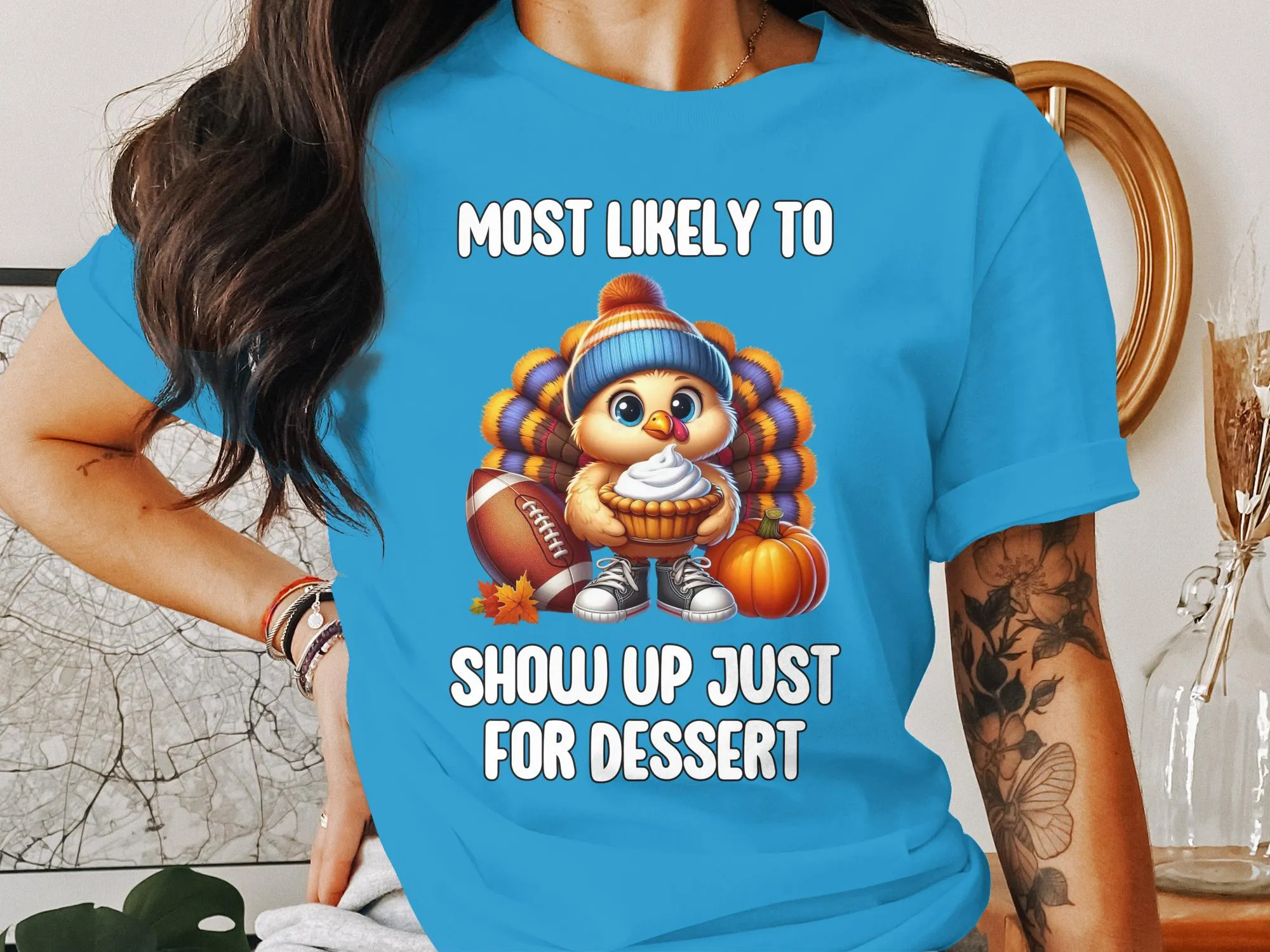 Funny Thanksgiving Turkey Dessert Lover T-Shirt, Cute Holiday Pie and Football Design, Humorous Thanksgiving Graphic Tee