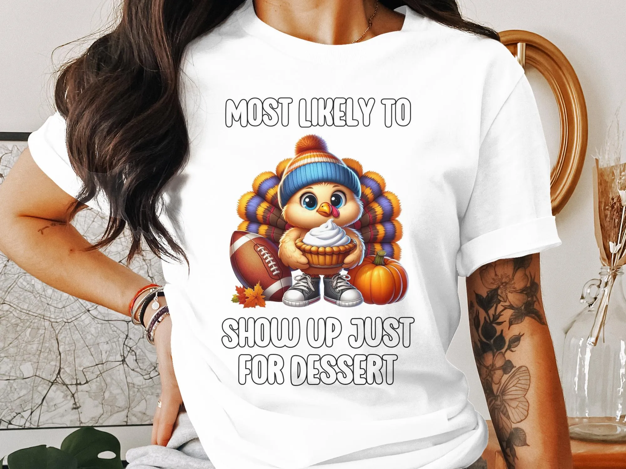 Funny Thanksgiving Turkey Dessert Lover T-Shirt, Cute Holiday Pie and Football Design, Humorous Thanksgiving Graphic Tee