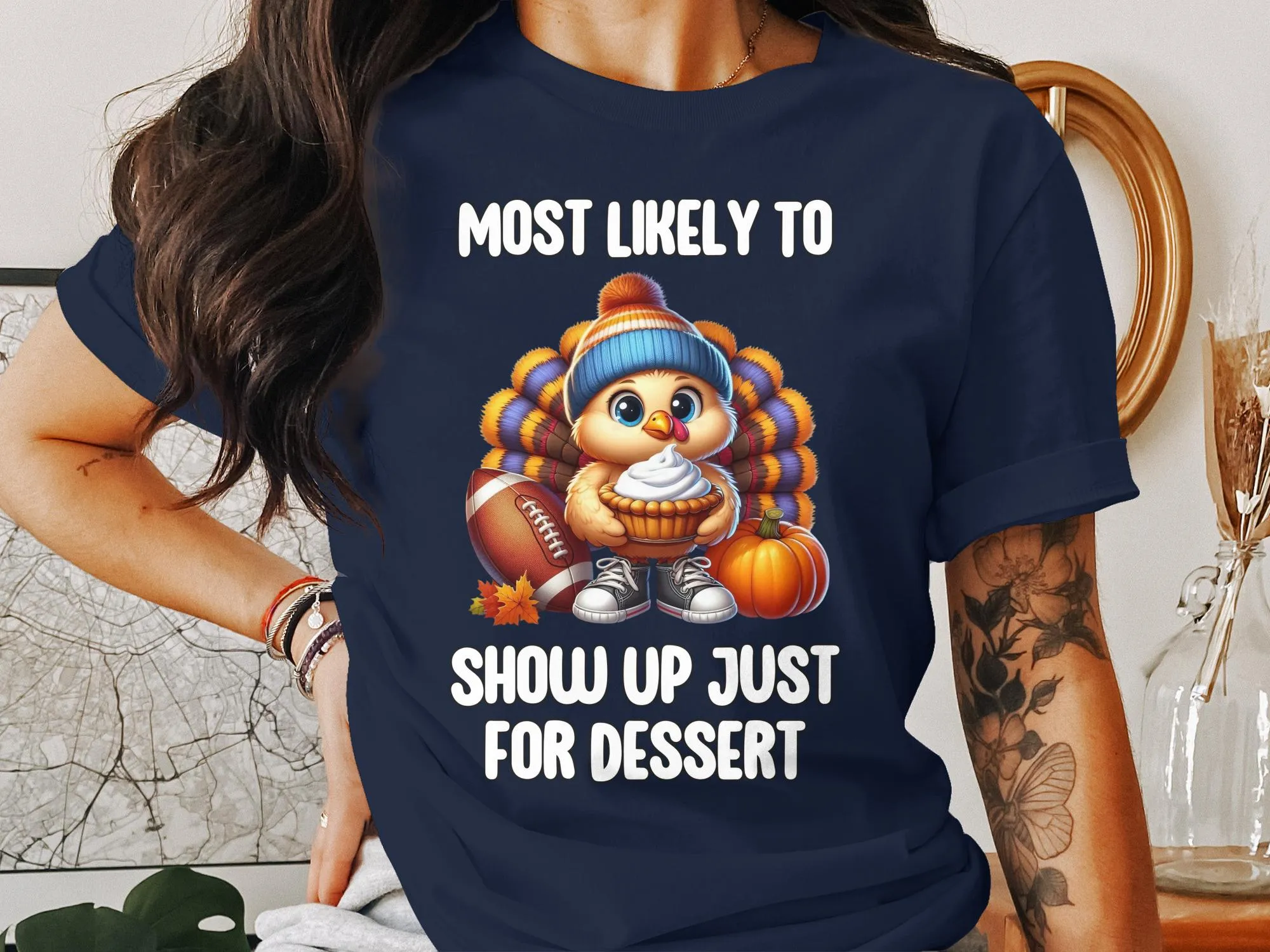 Funny Thanksgiving Turkey Dessert Lover T-Shirt, Cute Holiday Pie and Football Design, Humorous Thanksgiving Graphic Tee