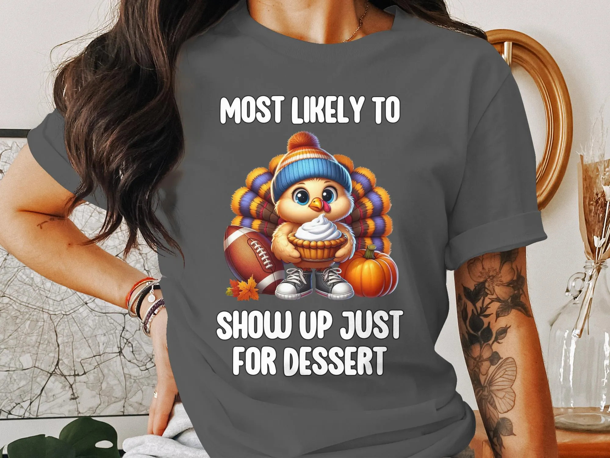 Funny Thanksgiving Turkey Dessert Lover T-Shirt, Cute Holiday Pie and Football Design, Humorous Thanksgiving Graphic Tee