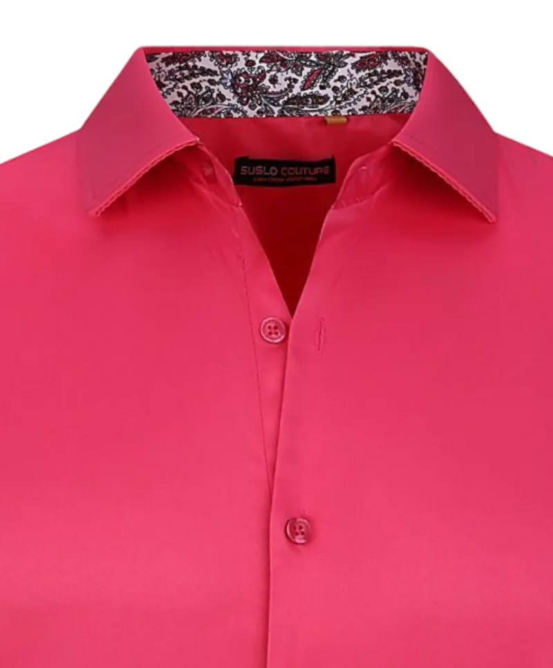 Fushia men's short sleeves shirt paisley cuff on the sleeves fancy style