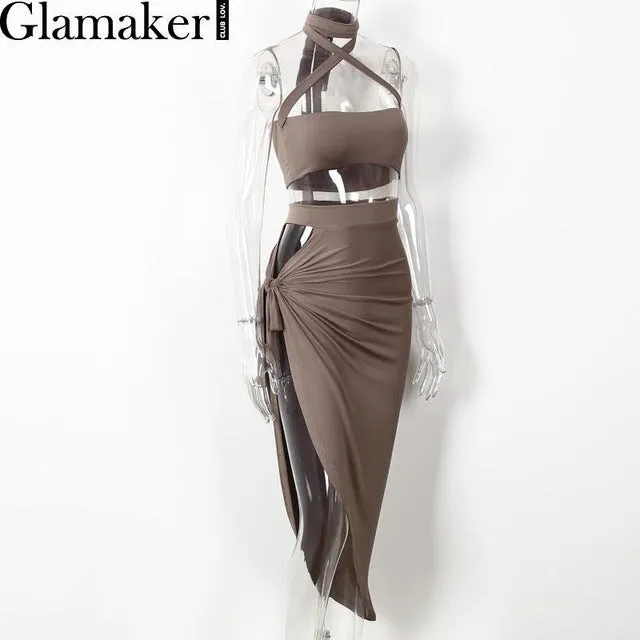 Glamaker Halter split sexy women dress 2017 Elegant evening party summer dress vestidos Autumn hollow out club bandage dress