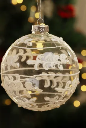 Glass Christmas Tree Bauble with White and Silver Glitter Patterning