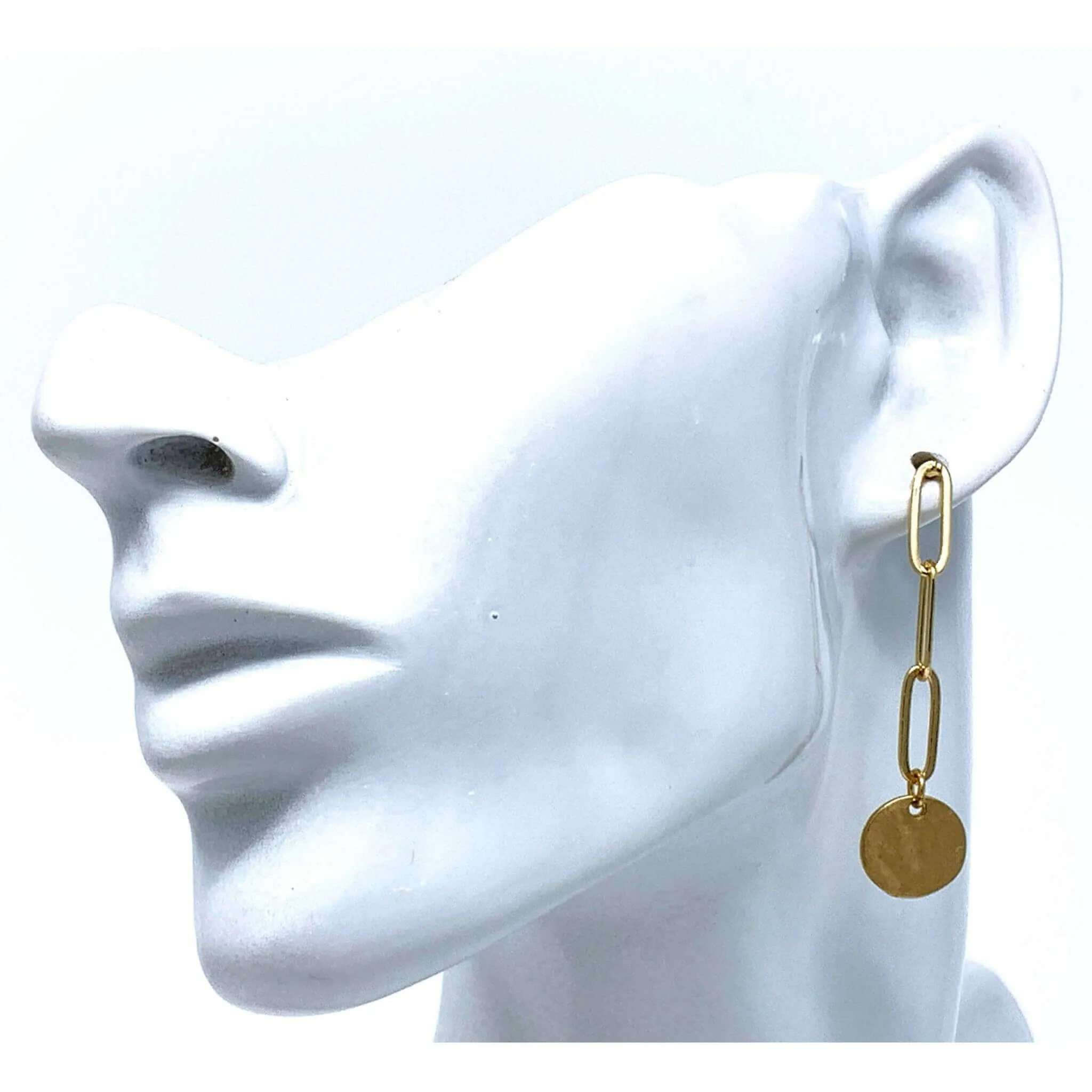 Gold Chain Link Earrings With Hammered Disc