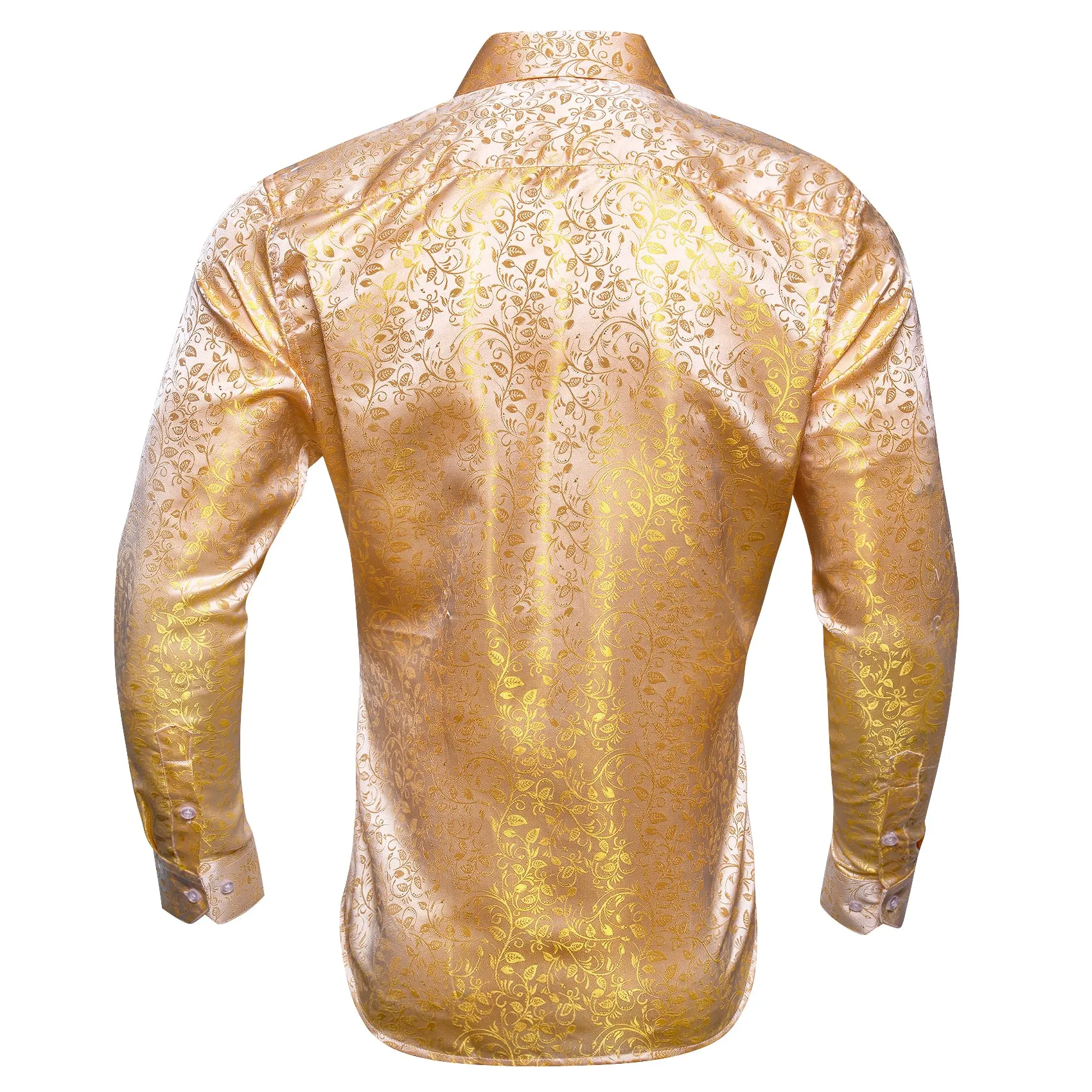 Golden Floral Pattern Silk Men's Long Sleeve Shirt