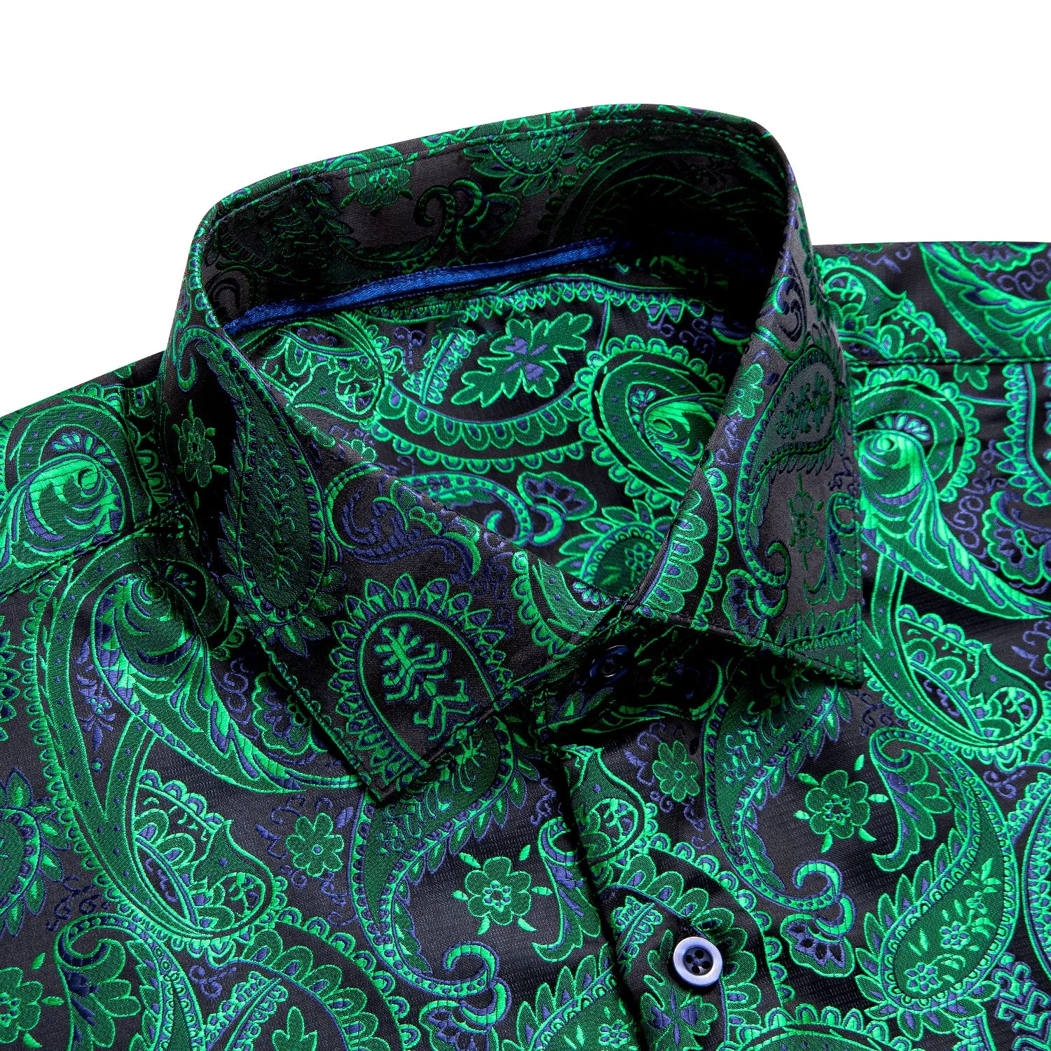 Green Black Paisley Pattern Silk Men's Long Sleeve Shirt